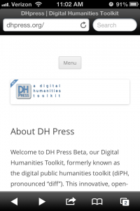 DH Press homepage with collapsed navigation menu.